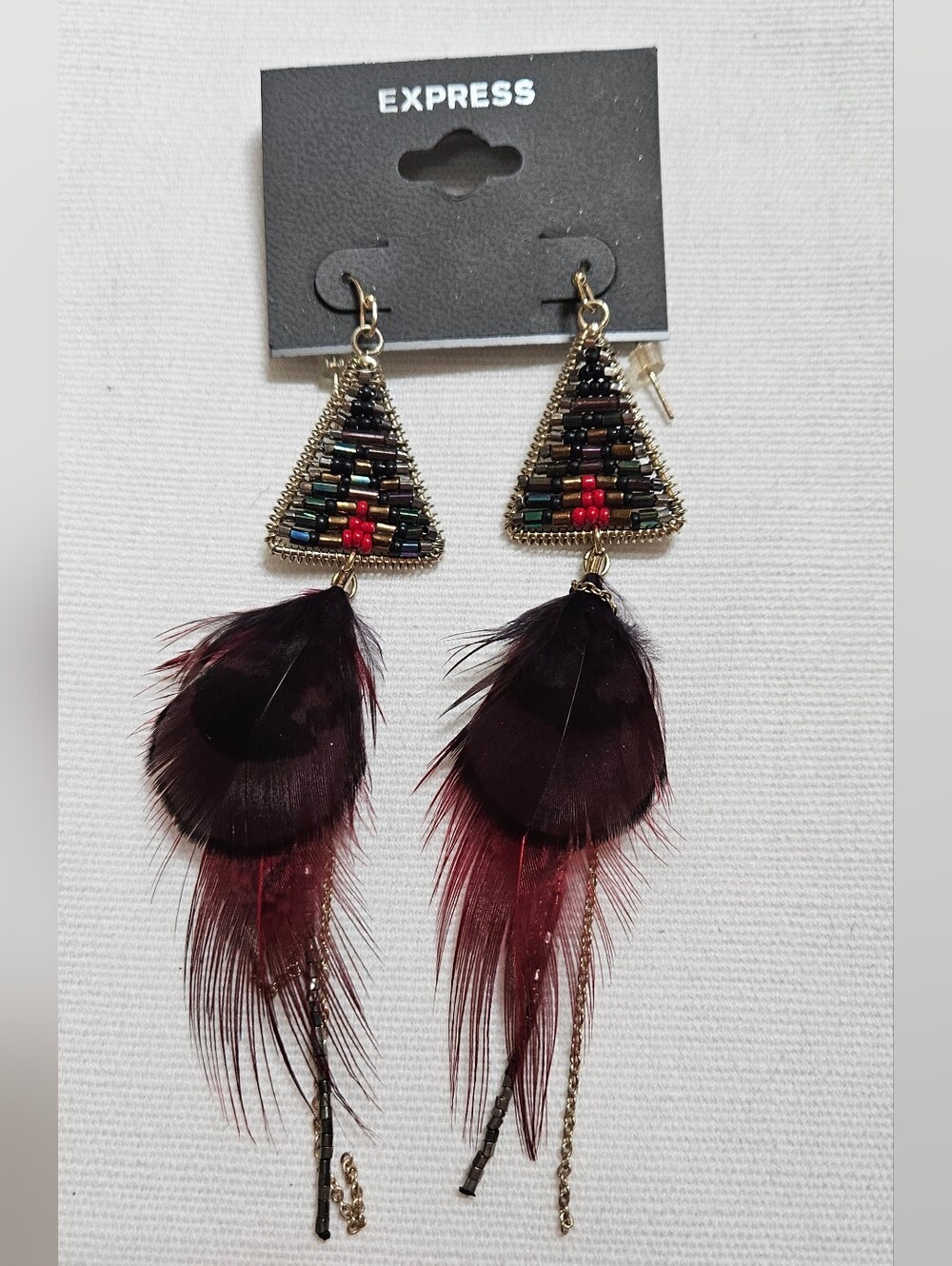 Express Beaded Triangle Feather Dangle Earrings - Burgundy
